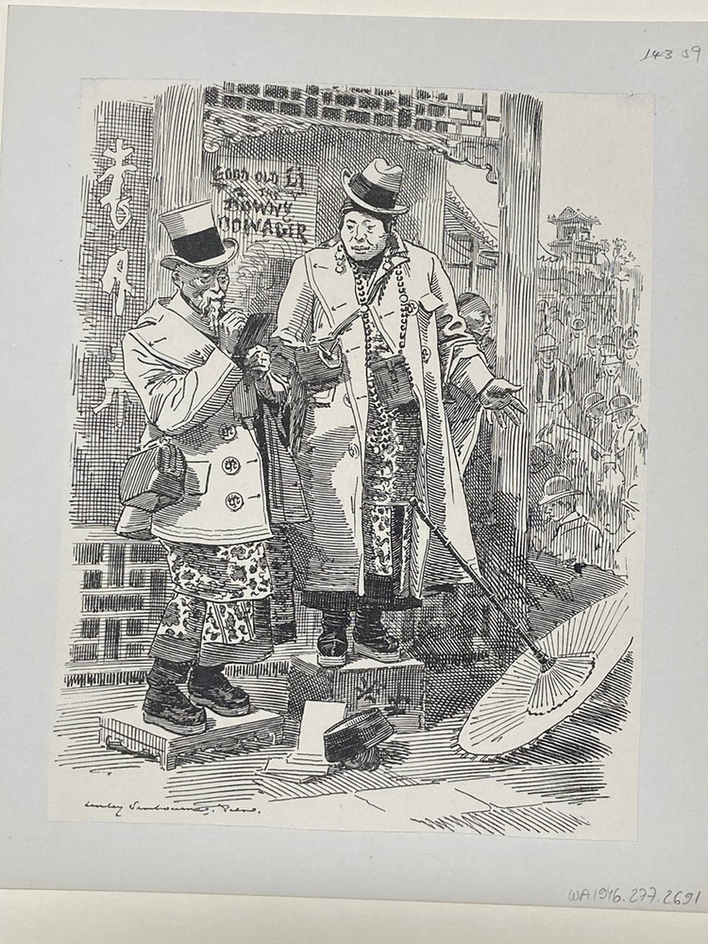 Caricature of a Chinese couple standing in front of a Chinese-style building