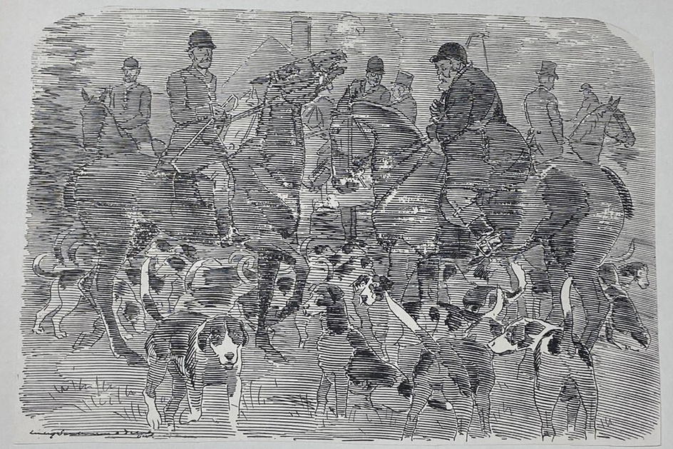 Caricature of a group of hunters on horseback accompanied by a pack of hounds