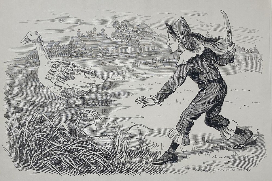 Caricature of a man holding a knife with the inscription 'Zollverein' on it walking towards a goose with the inscription 'Free Trade' on its back