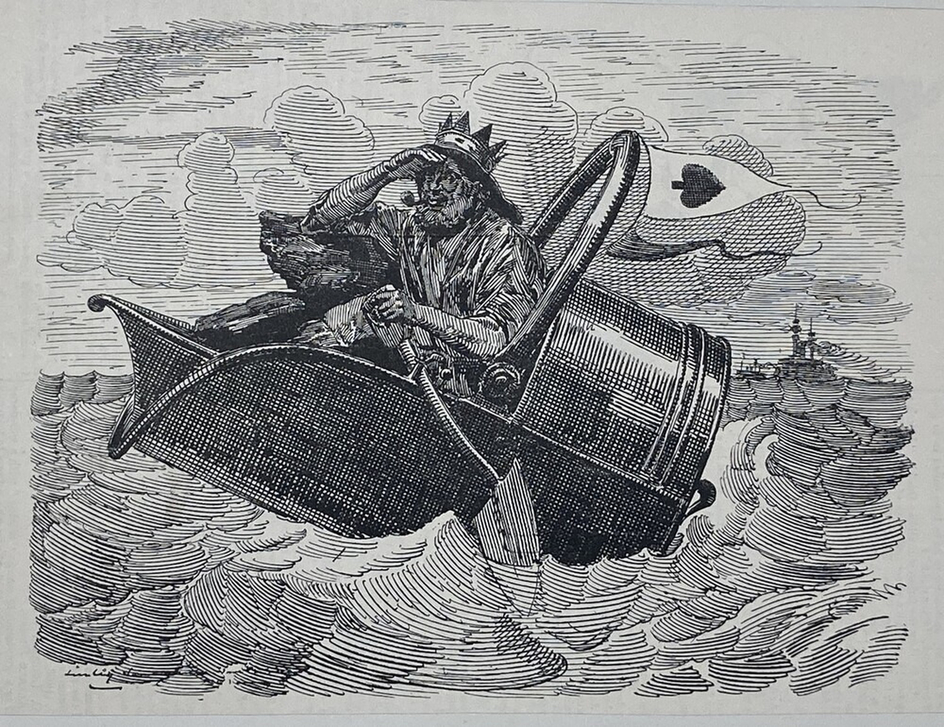 Caricature of a sea captain wearing a crown and sailing in a coal scuttle