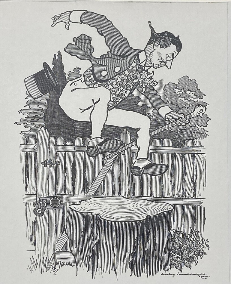 Caricature of a man jumping over a fence