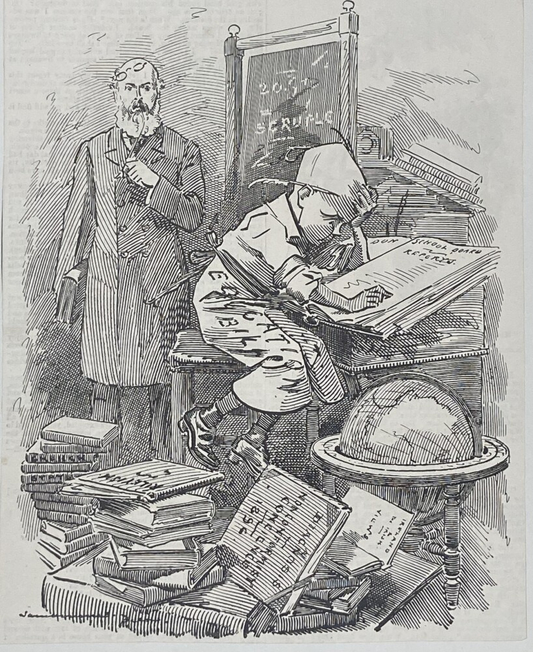 Caricature of a teacher looking at a schoolboy reading a school board report