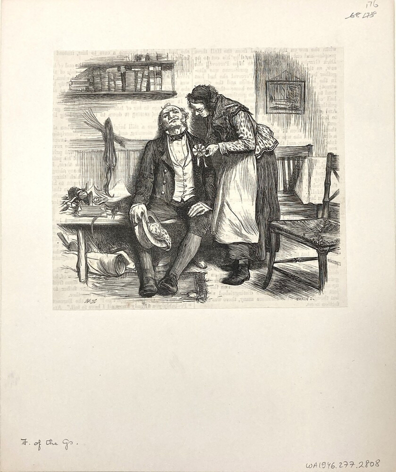 Caricature of a woman attaching a rosette on a man's lapel