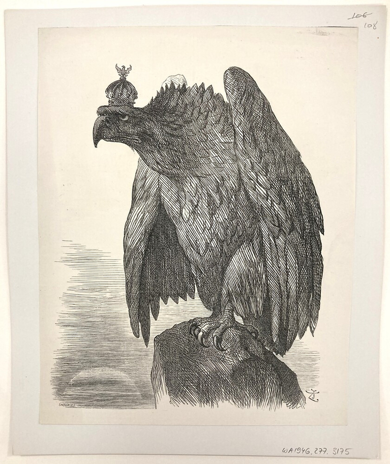 Caricature of an eagle standing on top of a rock wearing a crown