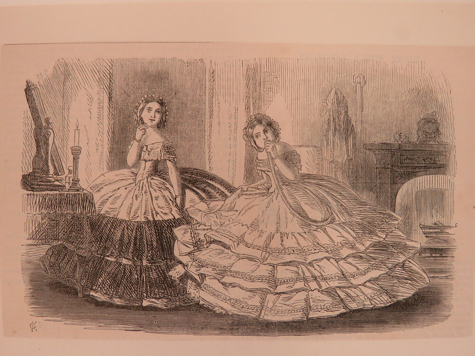 Emily and Caroline in excessively large crinolines