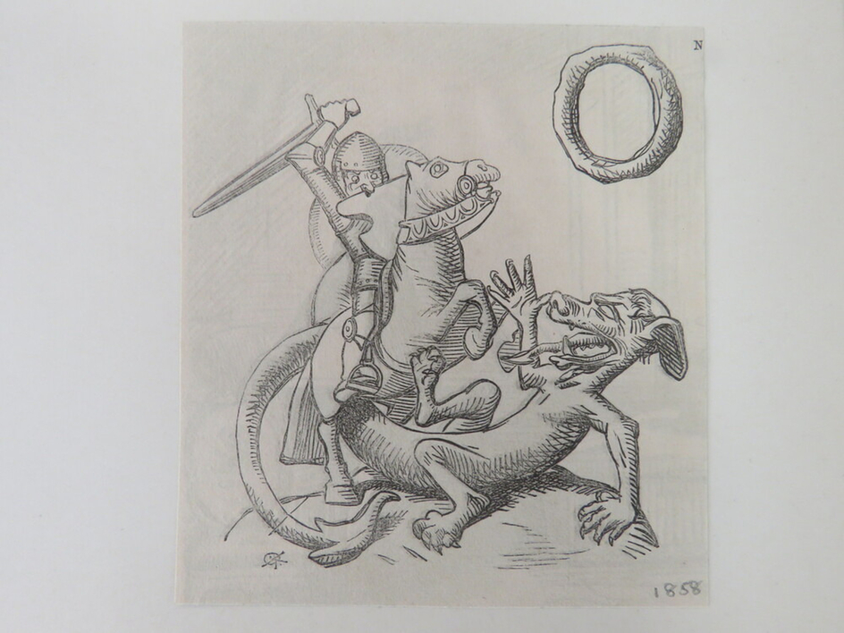 Knight slaying dragon with letter o in background