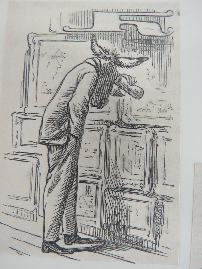 Man with donkey's head, looking at paintings hung on the wall with a spyglass