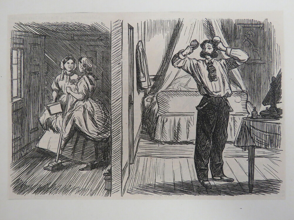 Two housemaids in discussion and a Captain brushing his hair in an adjacent room