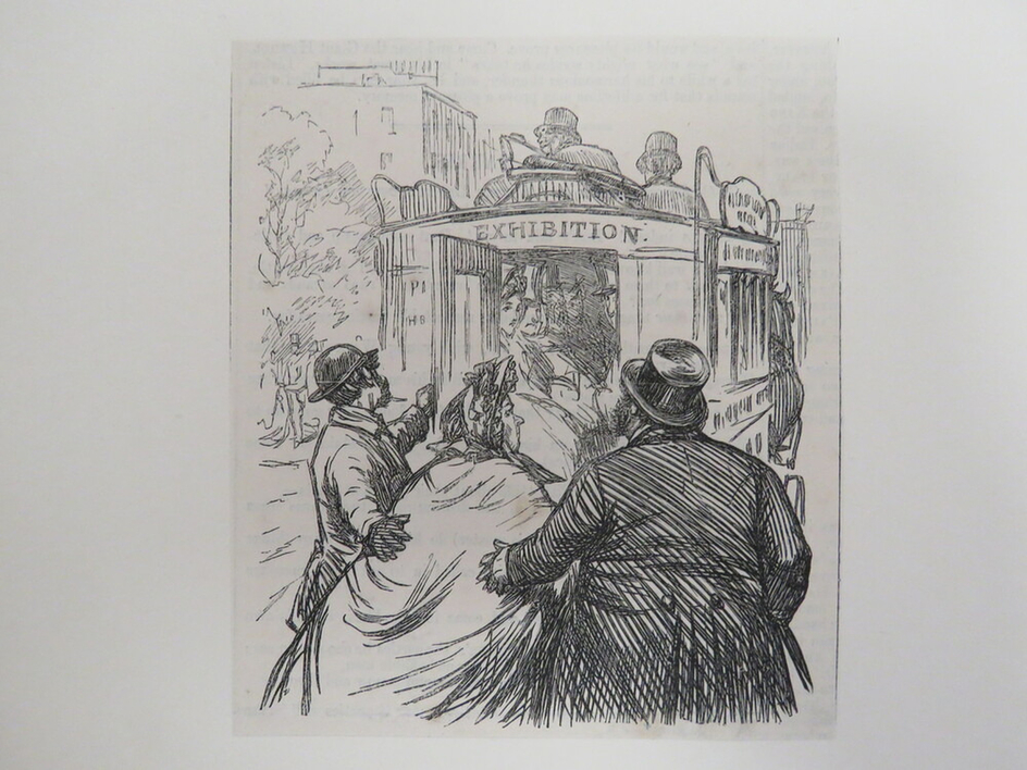 Three figures in front of horse-drawn carriage labelled 'Exhibition'