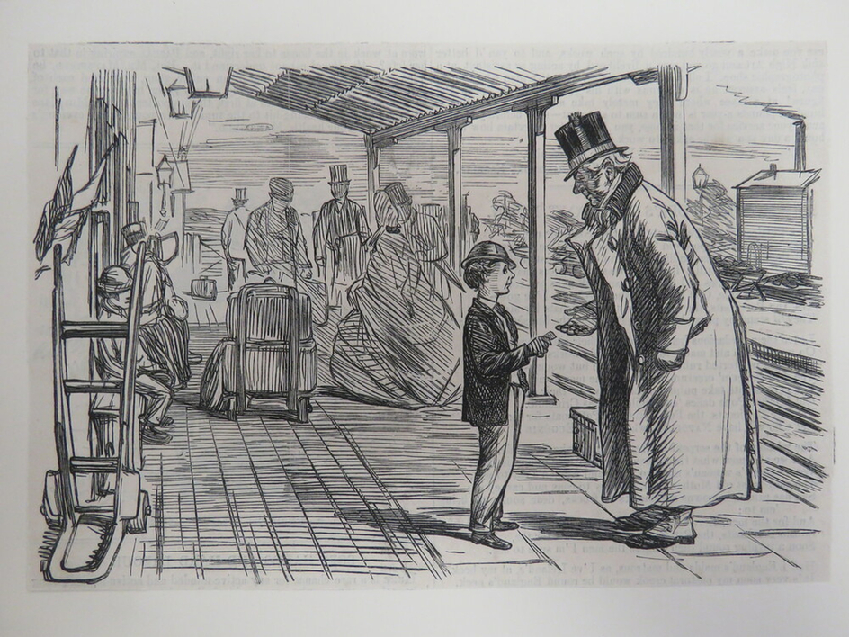 Boy handing a man in a top hat a piece of paper, on station platform