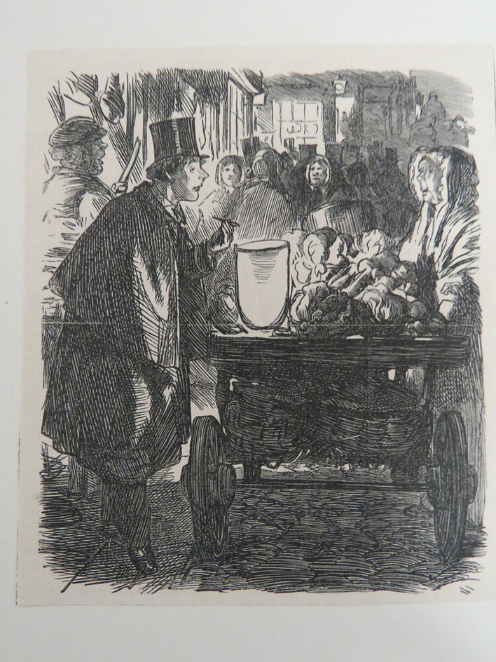 Man looking to relight his pipe on the lantern of an enraged vegetable seller