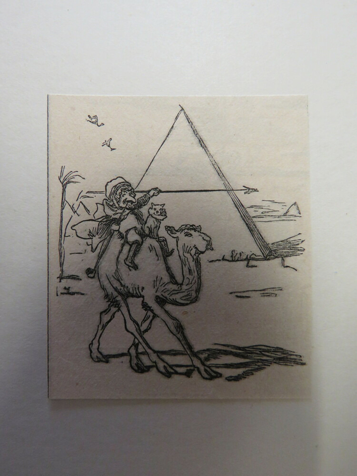Mr. Punch riding on a camel, with a cat, raising a spear, which when seen with a pyramid behind forms a letter A