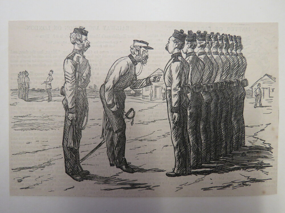 Captain of Company addressing a private amongst a row of men