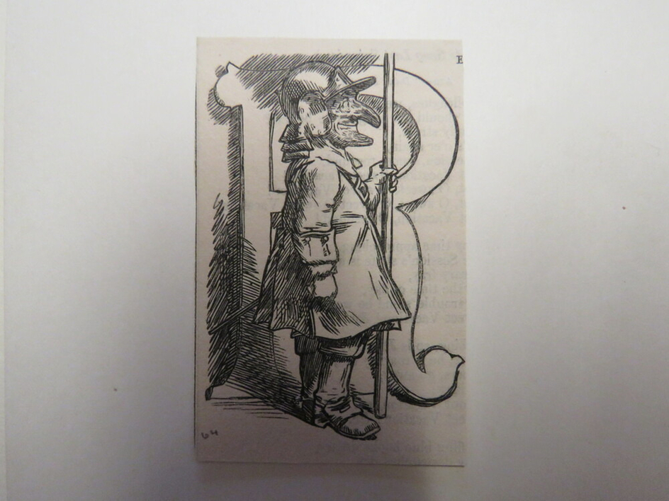 Mr. Punch in profile, wearing a helmet and holding a spear, with a letter R in the background
