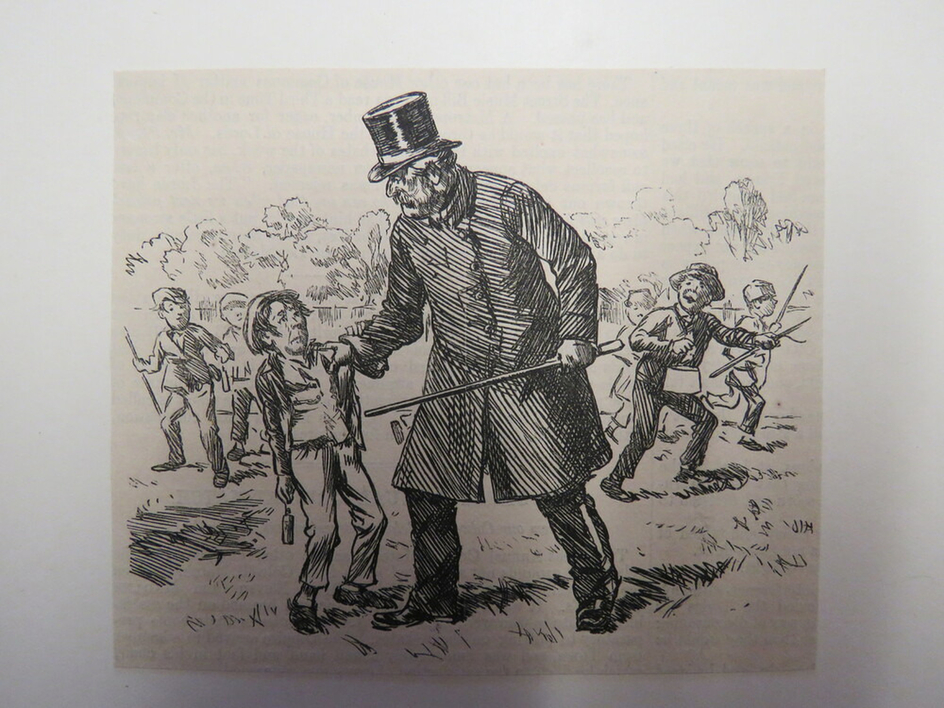 Park keeper holding the shoulder of child with other children holding fishing equipment in the background