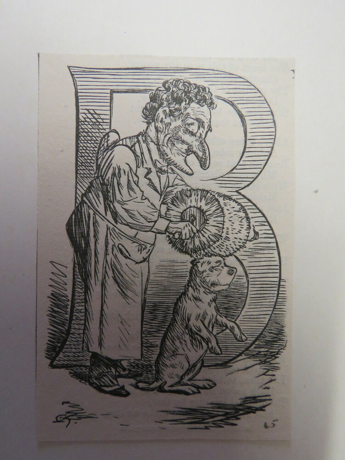 Mr. Punch petting a dog with a roller with a large letter B behind (descriptive)