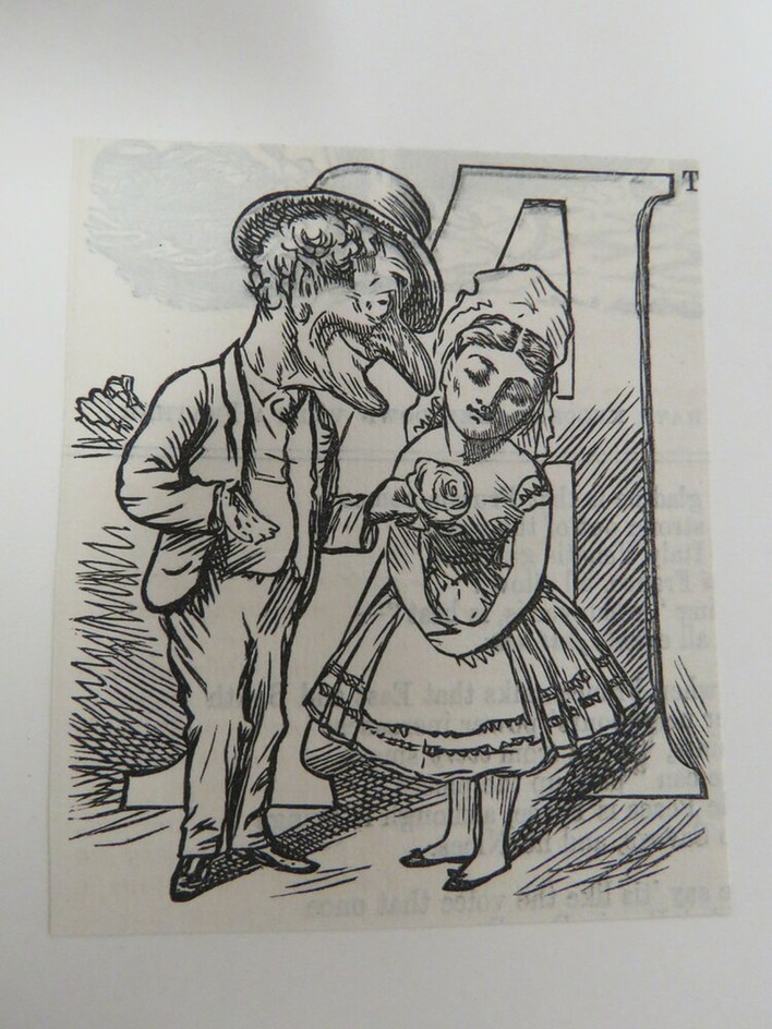 Mr. Punch presents a rose to a girl with a letter A in the background