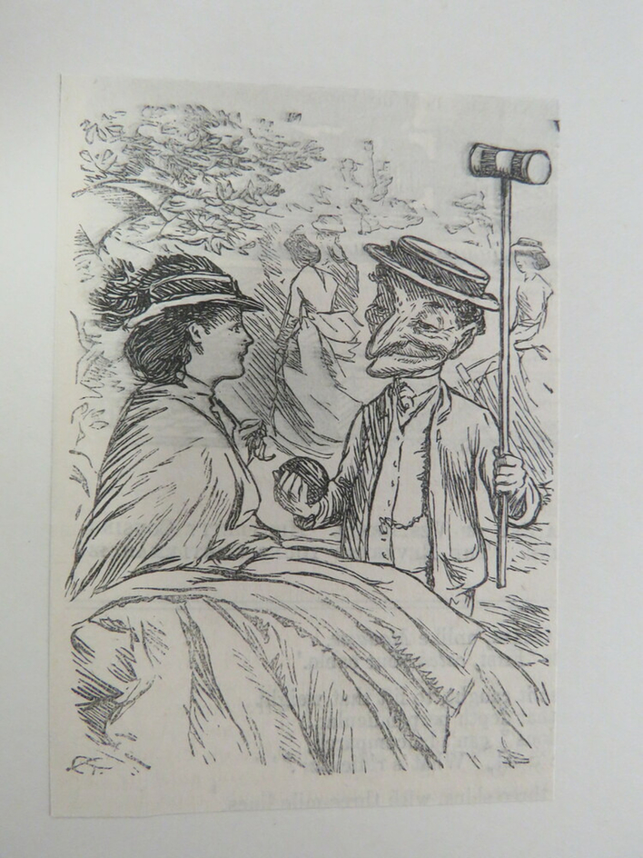 Mr. Punch holding a croquet hammer and ball and speaking with a young lady