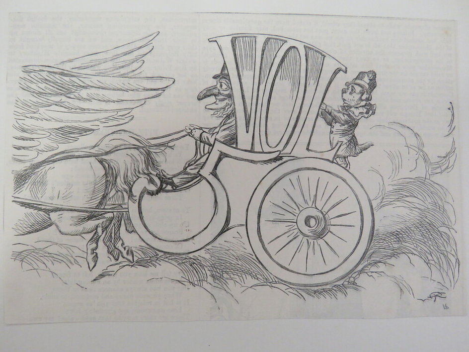 Mr. Punch driving a chariot that has been stylised to say 'Vol. 50' with a small dog as a passenger