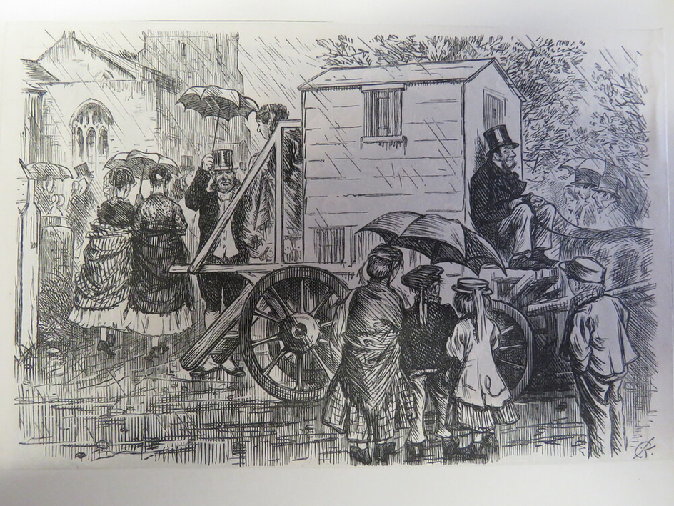 Man driving a cart with a shed on the back in rainy conditions with various people heading to church