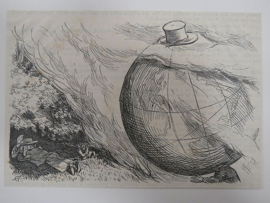 Mr. Punch cowering under a bush while a person with a huge globe for a head looks on