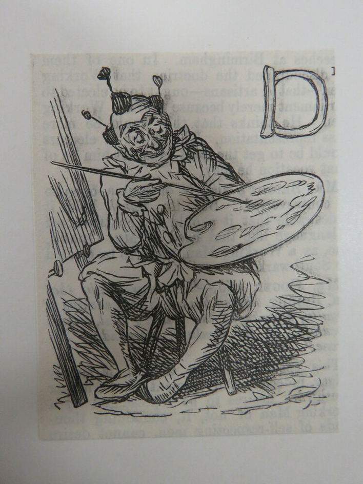 Clown holding a pallet and brush in front of an easel and a letter D at the top right