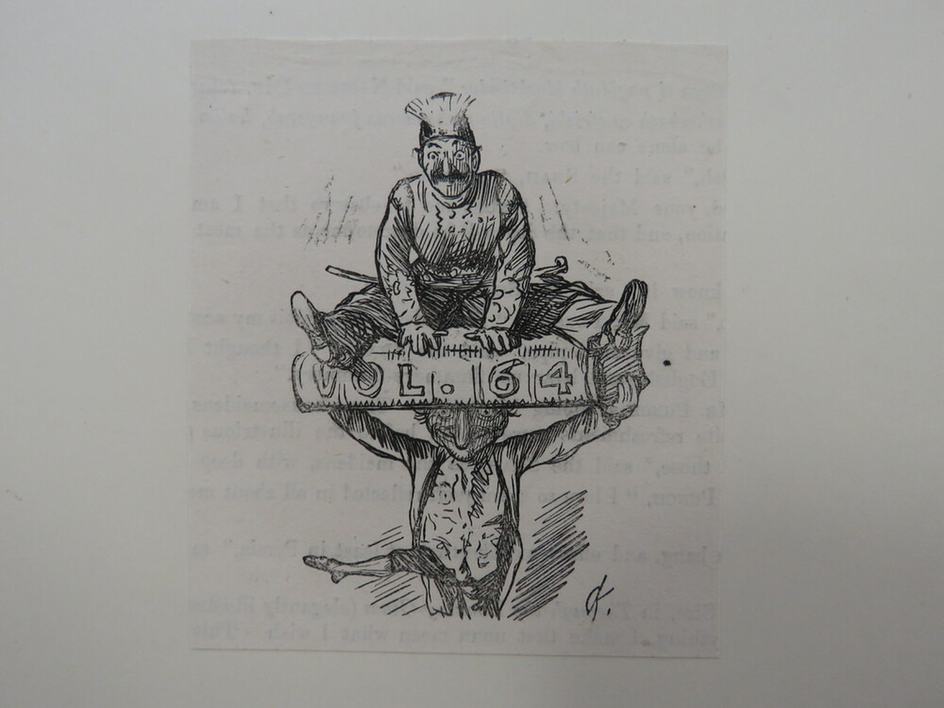 Mr. Punch standing on one leg and holding up a book with the title 'Vol. 64' and a man sat on top