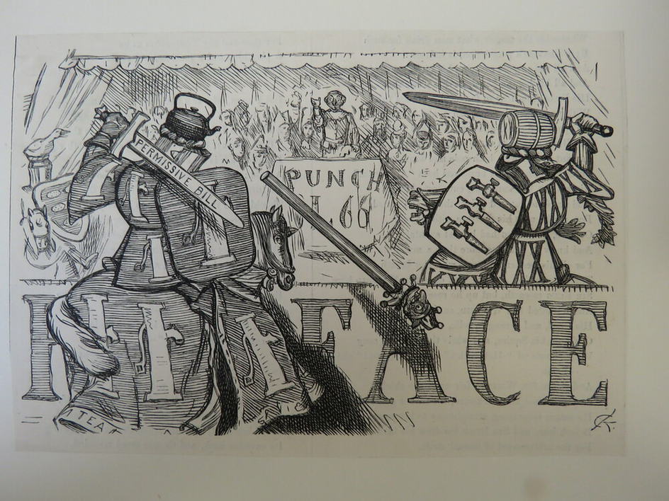 Image from preface of 'Punch' Vol 66 with two knights on horseback fighting