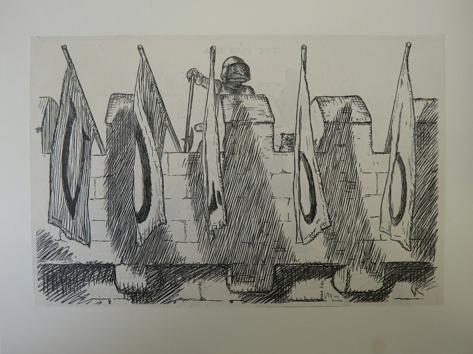 Mr. Punch standing atop some battlements with flags hanging in front reading 'Vol. 66'