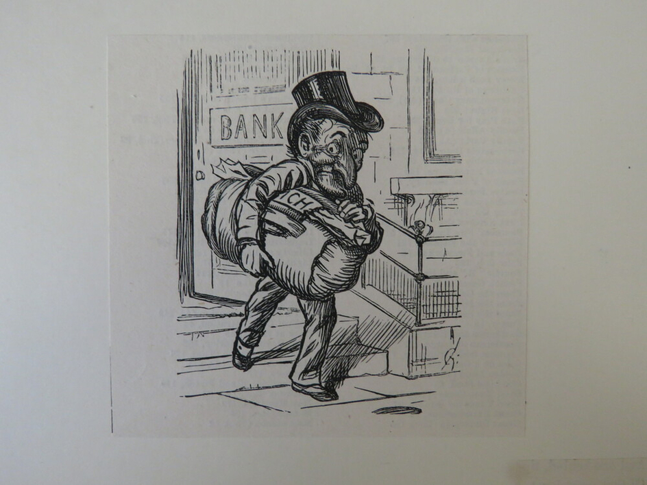 Mr. Punch holding a large bag and walking away from a bank