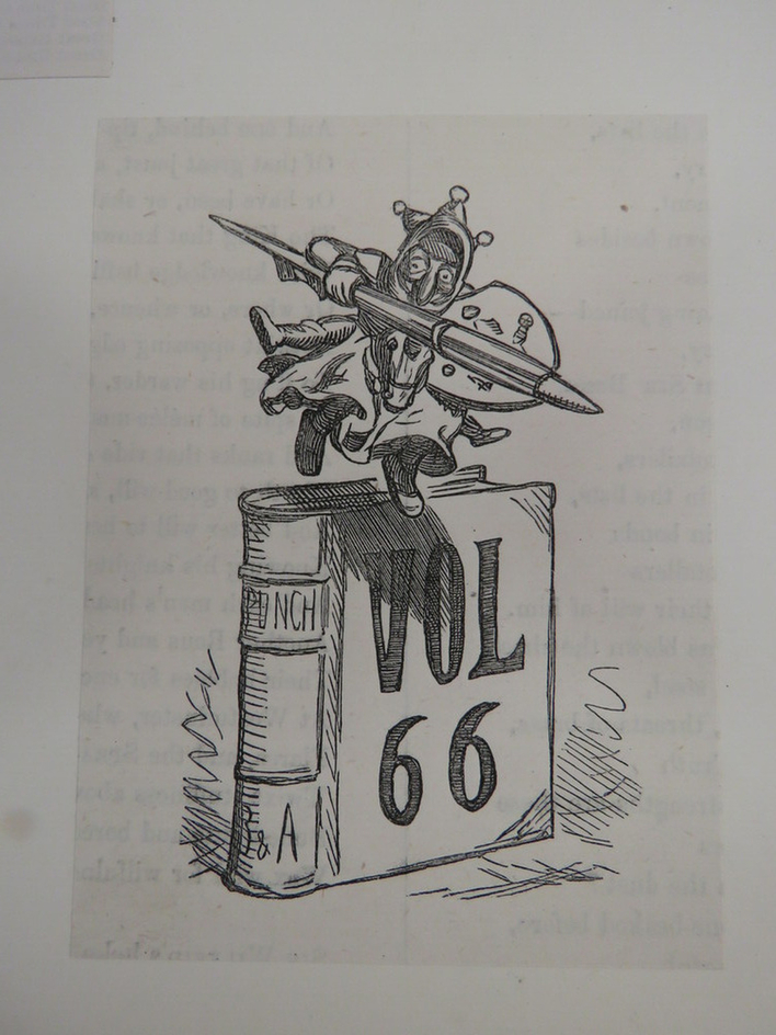 Mr. Punch as a knight riding a horse with a pen for a lance standing atop a copy of Punch Vol. 66