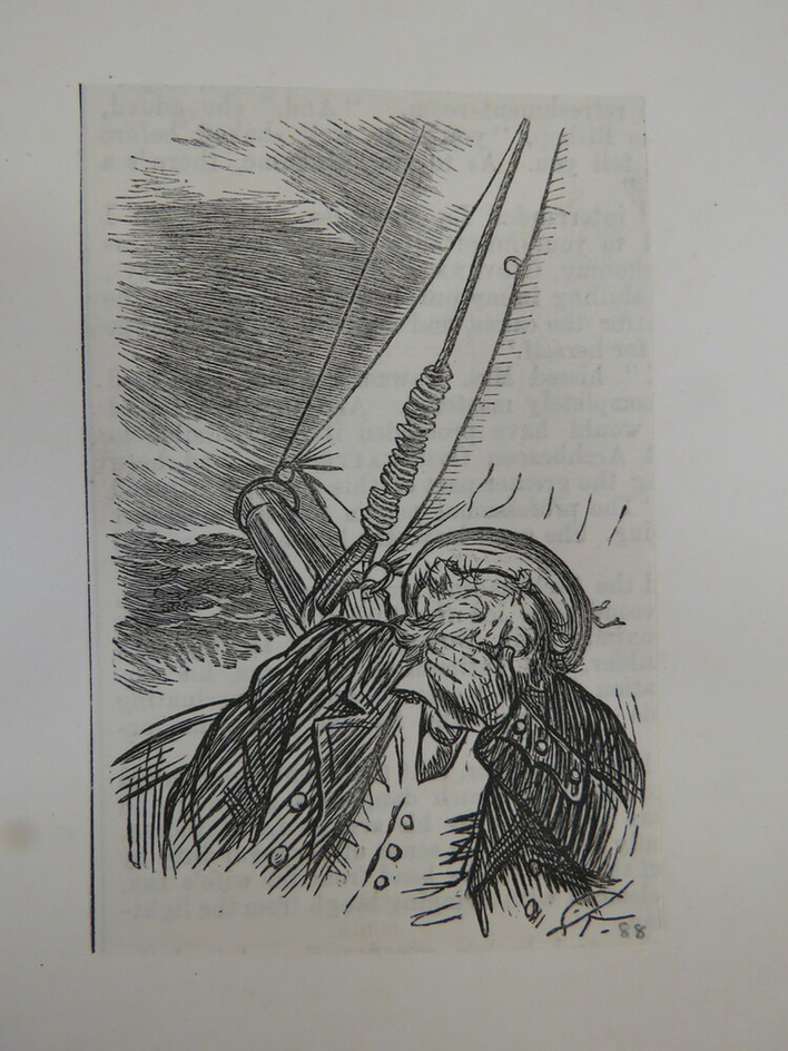 Mr. Punch on a boat, holding a hand over his mouth