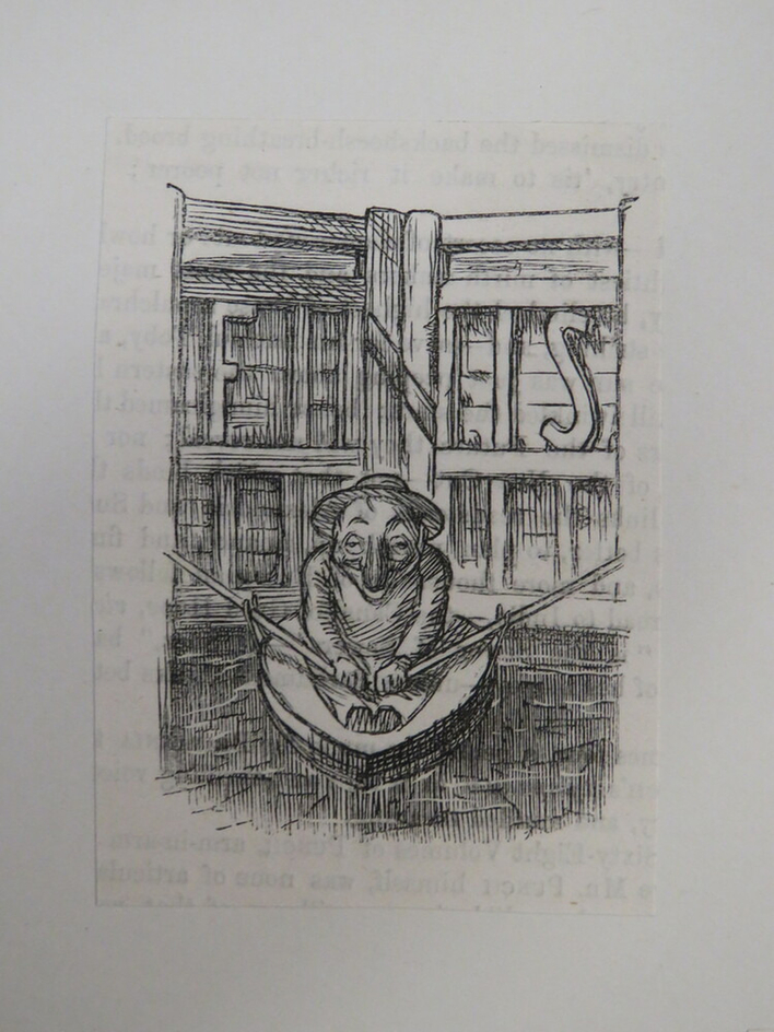 Finis image from 'Punch' with Mr. Punch rowing a boat with a lock behind