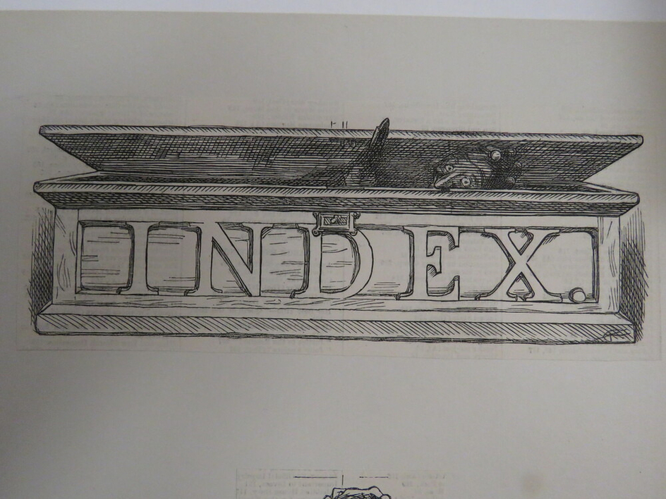 Image from index of 'Punch' with Mr. Punch emerging from a chest marked 'Index'