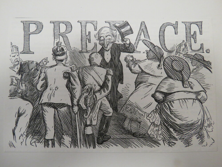 Image from preface of 'Punch' with Mr. Punch shaking hands with a group of people including a king