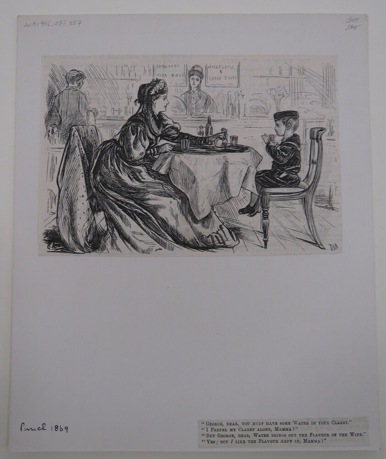 Interior scene in a cafe, with a mother and her son drinking claret together
