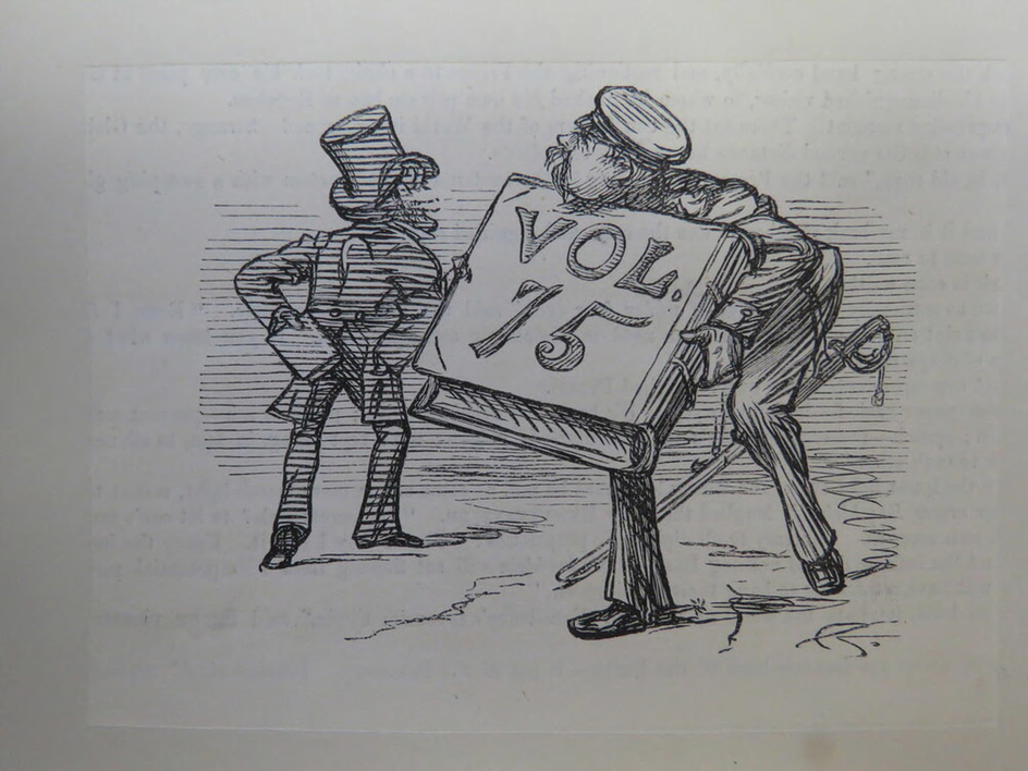 Man in military dress walking away from Mr. Punch holding a large book labelled 'Vol.75'