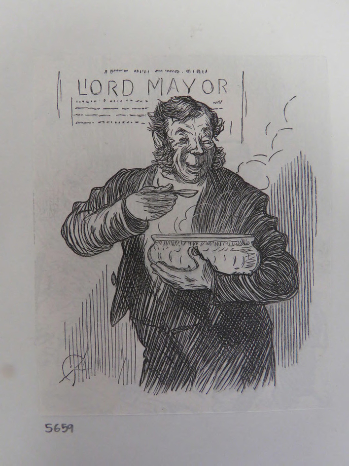Man eating soup with sign reading 'Lord Mayor' behind