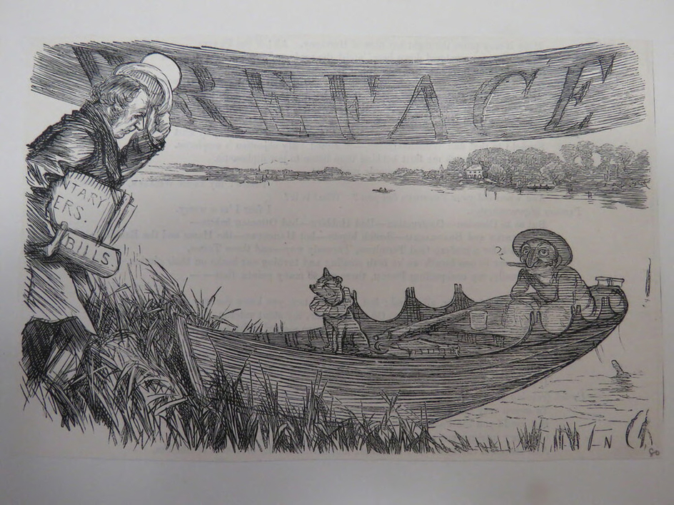 Image from preface of 'Punch' with Mr. Punch sat in a boat and a man carrying papers approaching