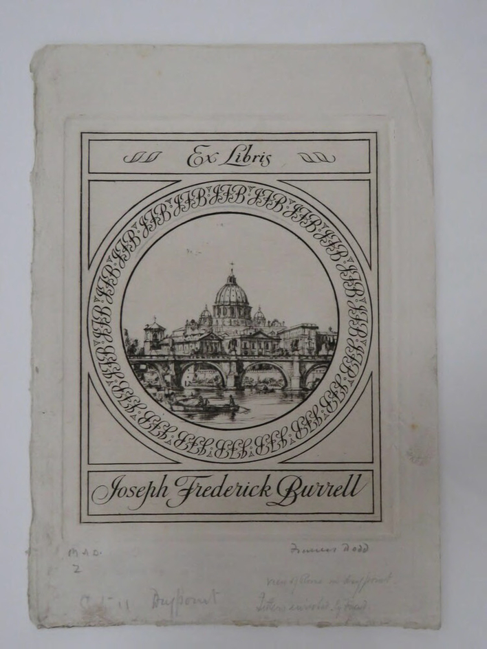 Bookplate for J.F. Burrell : second state with the view of Rome in drypoint