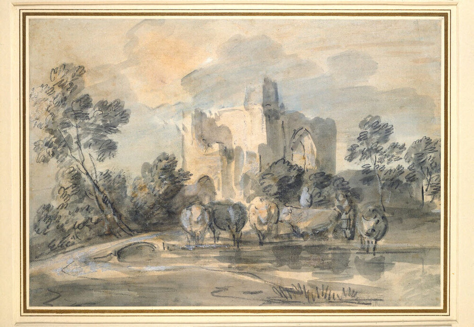 Landscape with a ruined Castle, and Cattle by a Pool