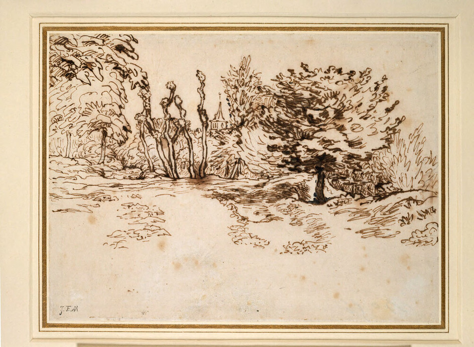 Landscape with trees and a church steeple