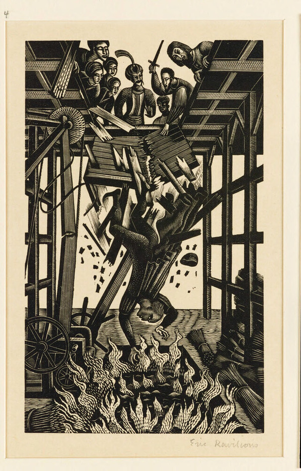 Illustration for 'Famous Tragedy of the Jew of Malta': man plunging into flaming sea