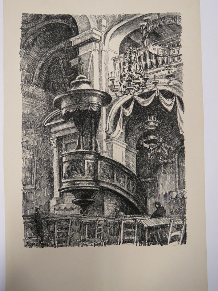 Church interior with baroque pulpit