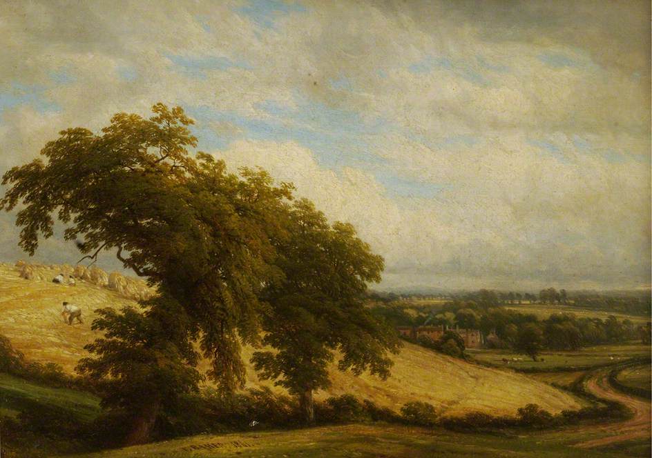 View looking towards Offchurch Bury with Men reaping