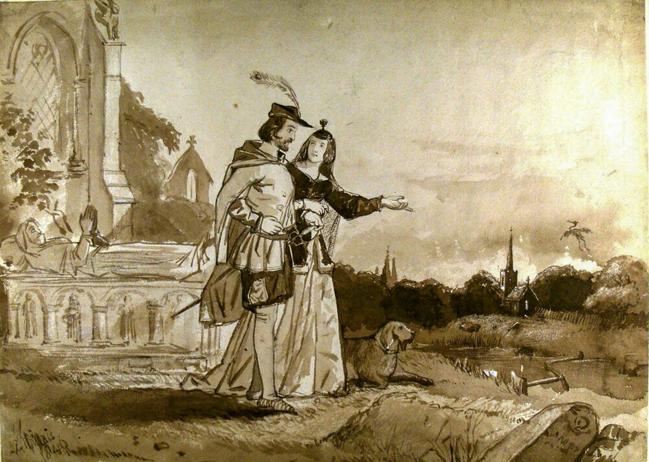 A Man dressed as a Forester walking in a Churchyard with a Lady