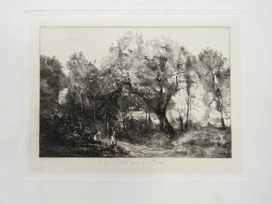 Two women in a grove of trees with distant houses