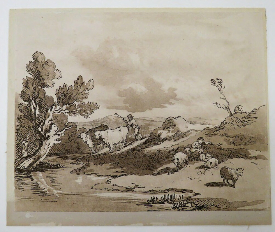 Landscape with a man driving two cows