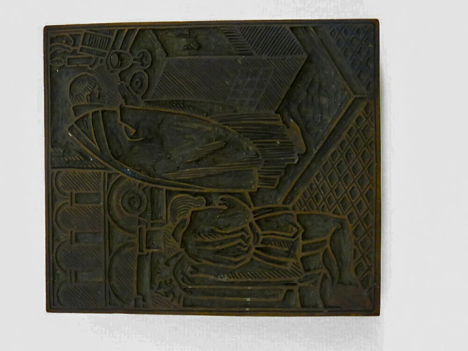 Woodblock for Christmas card with the Celebration of Mass