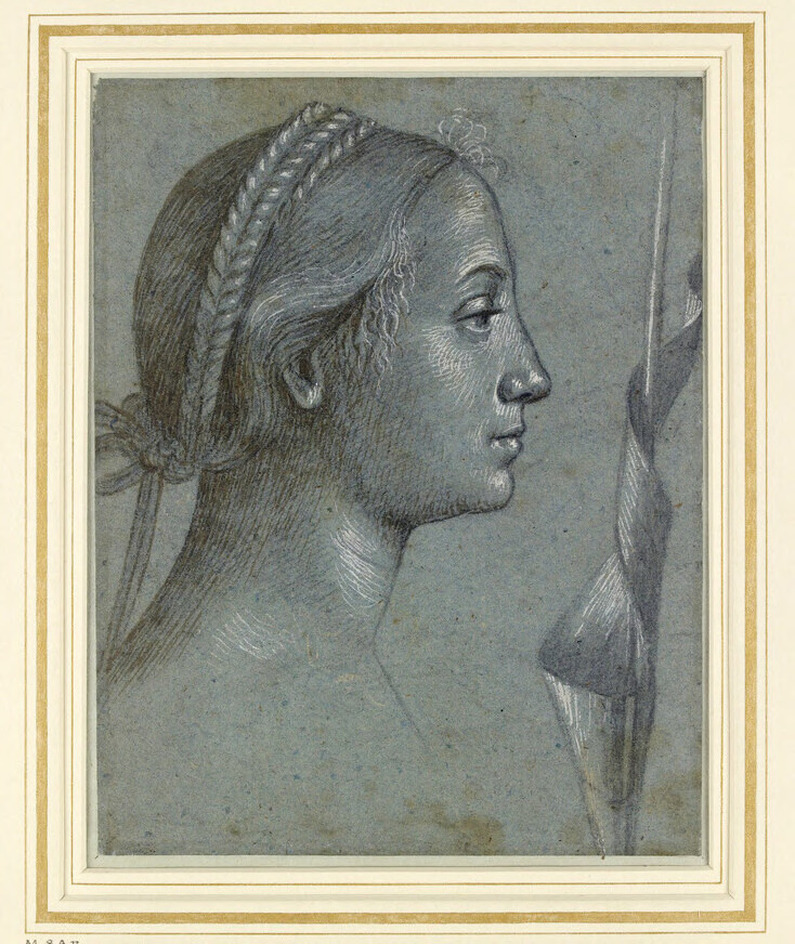 Recto: Head of a woman and a pennant wound round a pole
Verso: Head of a woman